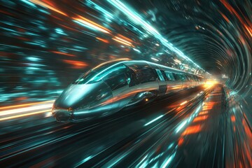 Futuristic high-speed train speeding through a vibrant, neon-lit tunnel.