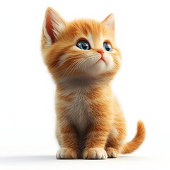 Obraz premium An adorable ginger kitten sits on a plain white background, looking up with big, innocent blue eyes. The kitten appears fluffy and playful. Isolated on white background. Adorable Baby Cat