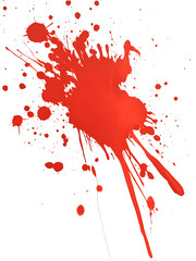 A vibrant and dynamic splatter of red paint is displayed isolated on transparent background, cut out, PNG 3D Digital Art.