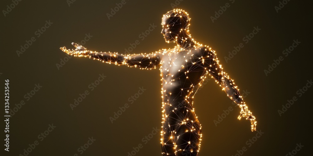 Poster A glowing, abstract figure extends its arm, radiating light, creating a mystical and captivating visual effect.