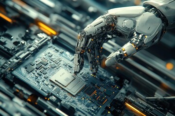 Fototapeta premium A robotic hand precisely interacts with a complex circuit board, showcasing advanced automation in technology.