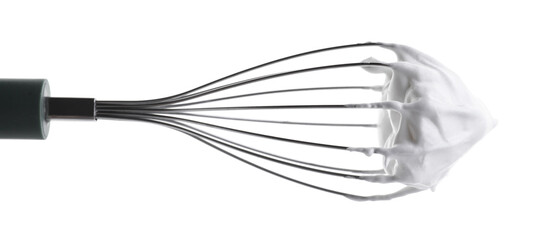 Whisk with delicious cream isolated on white
