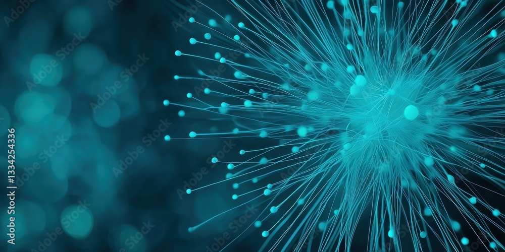 Poster An abstract illustration featuring glowing blue particles radiating outward, creating a vibrant, dynamic visual effect with a sense of depth.