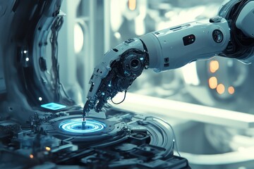 A futuristic robot arm assembling a piece of machinery in a highly efficient, automated factory.
