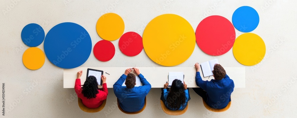 Poster aerial view of four individuals sitting at a table, working on devices, with colorful circular shape