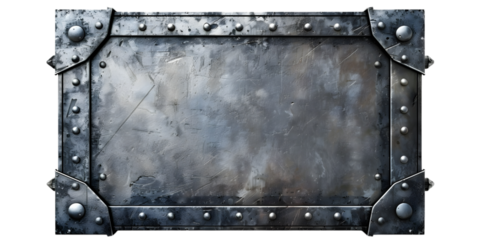 Thia weathered steel panel featuring a riveted border on a transparent background, cut out, PNG 3D Digital Art.
