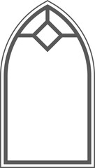 Church gothic window with arched frame and stained glass. Cathedral medieval architecture shape. Silhouette of castle door. Classic catholic interior decoration