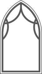 Church gothic window with arched frame and stained glass. Cathedral medieval architecture shape. Silhouette of castle door. Classic catholic interior decoration