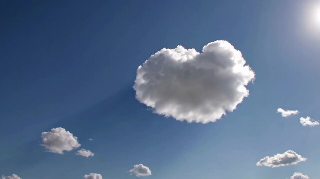 Heart-shaped cloud in blue sky with sunlight radiating, nature's whimsy. Skywatching fun
