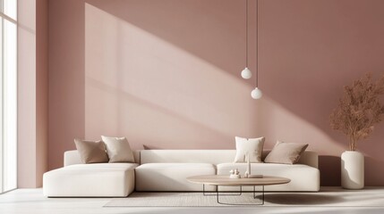 Minimalist Living Room Interior Design: A Serene Space with Beige and Pink Hues