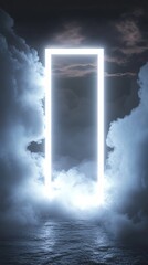  Neon Rectangle Frame with White Glowing Light, Floating in Dense Fog and Puffy White Clouds. Copy space. Generative AI
