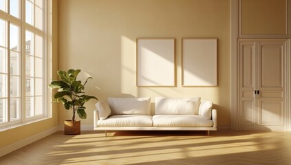 Beige living room with sunlight, minimalist style