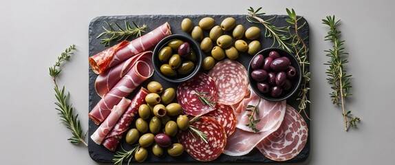 Gourmet Charcuterie Board with Thinly Sliced Meats and Olives.
