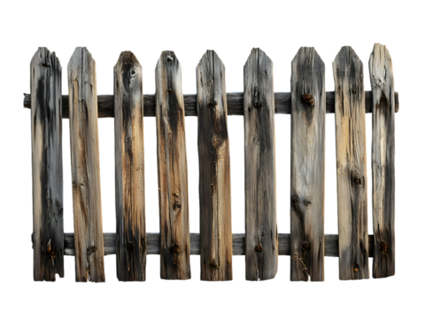 a section of an old, weathered wooden picket fence on a transparent background, cut out, PNG 3D Digital Art.