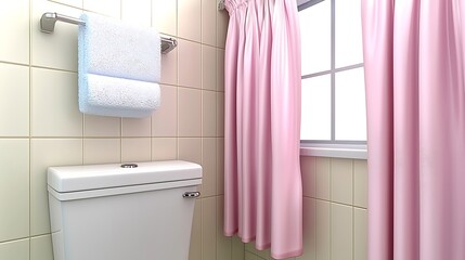 Bright and Clean Bathroom Interior with Pink Curtains and Tidy Toilet in Lightly Colored Tiles