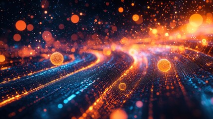 Fototapeta premium Abstract swirling particles, vibrant colors, digital art, futuristic background