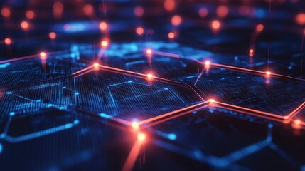 Obraz premium Futuristic network, glowing hexagon, data stream, abstract background