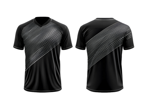 Front and back view of a modern athletic t-shirt with a striped pattern isolated on transparent background, cut out, PNG 3D Digital Art.