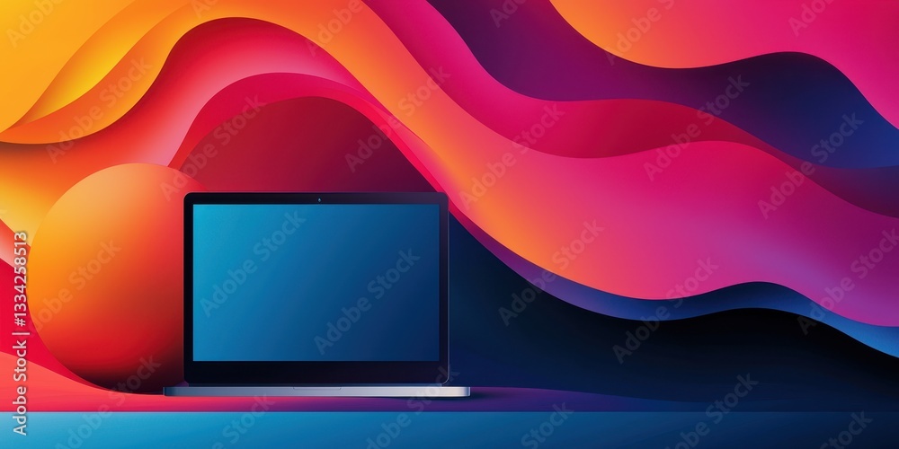 Aufkleber a vibrant, abstract design featuring a laptop against colorful, flowing waves and shapes, creating a