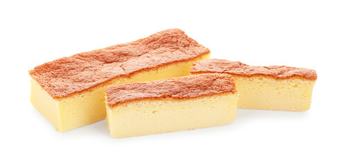Pieces of tasty Japanese Castella sponge cake isolated on white