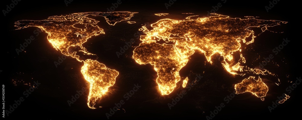 Poster a glowing map of the world, illuminated with bright, fiery lights, representing regions and continen