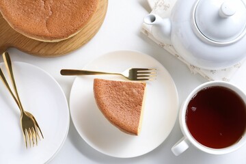 Tasty Japanese Castella sponge cake served with tea on white table, flat lay