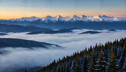 Fototapeta premium Paysage montagneux enneigé avec forêt et nuages bas