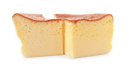Pieces of tasty Japanese Castella sponge cake isolated on white