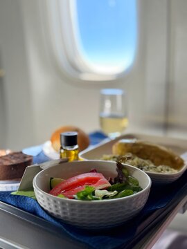 Close-up of an in-flight meal on an aircraft in business class