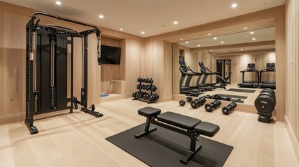 A gym with a simple, modern layout, light wood panels, black accents, and ample workout space.