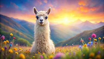 Obraz premium A soft and fluffy llama with big round eyes and a button nose sits on a colorful pastel background surrounded by gentle hills and flowers , llama, scenery