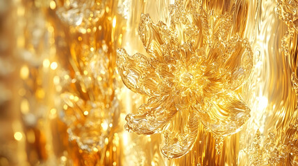 Golden glass flower sculpture detail, bokeh background, luxury art,  website banner