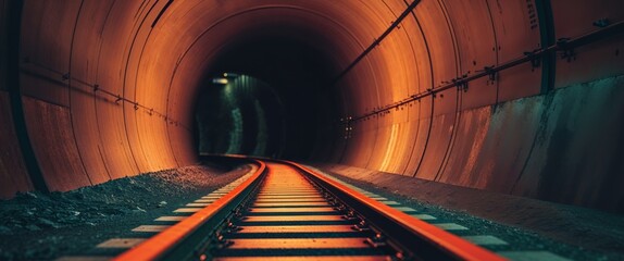 Glowing Orange Tracks Winding Through Industrial Tunnel.
