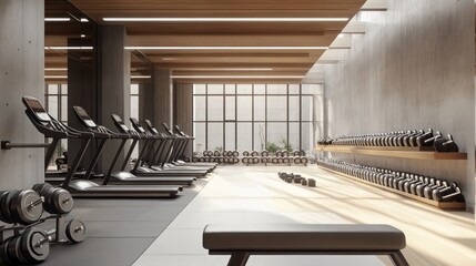 A high-end gym with a clean minimalist design, featuring neatly arranged dumbbells and weight racks.