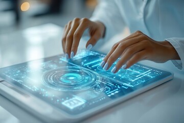 A person interacts with a futuristic tablet displaying holographic data visualizations and interactive interfaces.