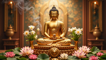Fototapeta premium Golden Buddha statue with lotus flowers on ornate altar, spiritual celebration, Buddha's Birthday