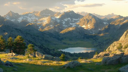 Fototapeta premium Breathtaking sunrise over majestic mountains serene lake nature photography landscape wide-angle tranquility