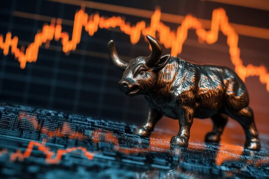 Bull figurine amidst a dynamic stock market scene with candlestick charts in the background - Powered by Adobe