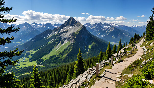 Le sentier de montagne qui serpente &agrave; travers les paysages verdoyants et rocheux.