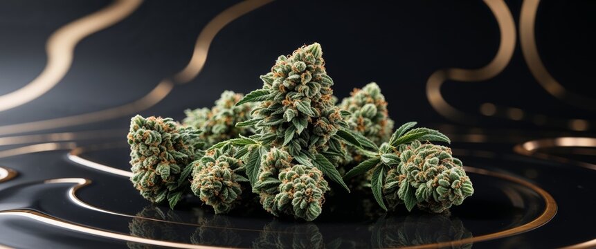 Premium cannabis buds displayed on black surface with gold swirls studio shot modern art macro perspective