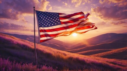 Obraz premium American Flag Sunset Landscape Photography