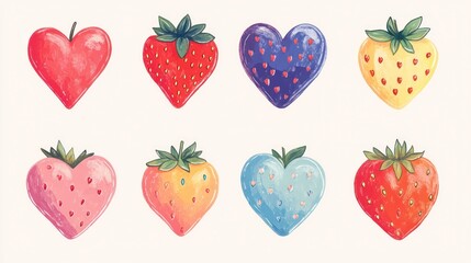 Collection of colorful heart and strawberry illustrations, designed in a playful and cheerful manner.