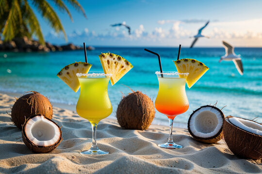 Enjoy tropical cocktails with pineapple garnishes on a sandy beach, surrounded by coconuts, with a turquoise ocean and seagulls in the background, capturing a perfect vacation moment - Powered by Adobe