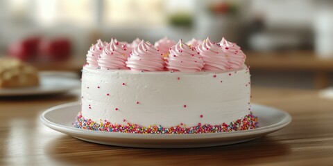 Delicious cake with pink frosting and colorful sprinkles on a wooden table in a cozy kitchen setting