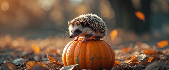 Obraz premium Small hedgehog perched on a bright orange pumpkin in a serene outdoor setting during autumn.