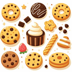 dessert, cookie, food, biscuit, sweet, bakery, background, chocolate, delicious, snack, homemade, brown, isolated, candy, pastry, cake, bake, chip, tasty, breakfast, fresh, treat, closeup, sugar, vect