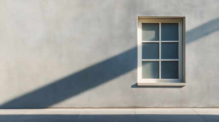 simple window frame casting grid like shadow on smooth wall, creating serene atmosphere.