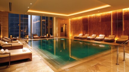 Elegant indoor hotel spa pool with warm golden lighting, a marble floor, and a tranquil setting.
