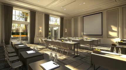 Empty hotel conference room prepared for a seminar with notepads, microphones, and water bottles.