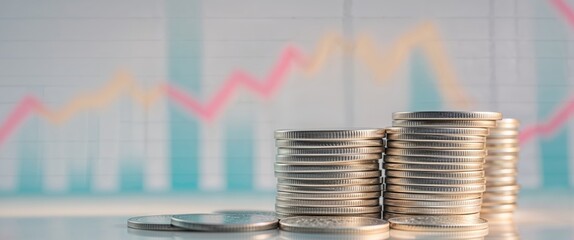 Close up stack of shiny silver coins in front of financial chart represents prosperity growth